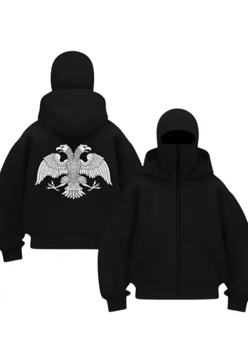 Siyah Çift Başlı Kartal Baskılı Kar Maskeli Unisex Sweatshirt Hırka
