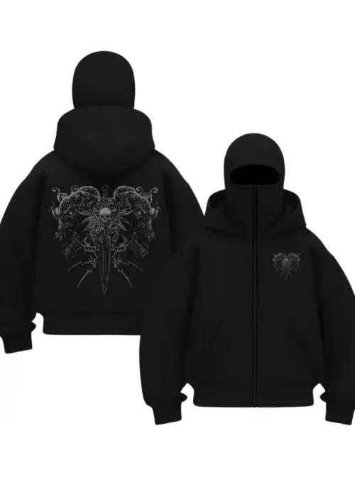Siyah Gothic Warrior Baskılı Kar Maskeli Unisex Sweatshirt Hırka
