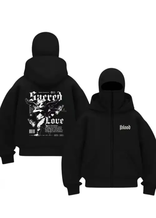 Siyah 1BLOOD Sacred Love Baskılı Kar Maskeli Unisex Sweatshirt Hırka