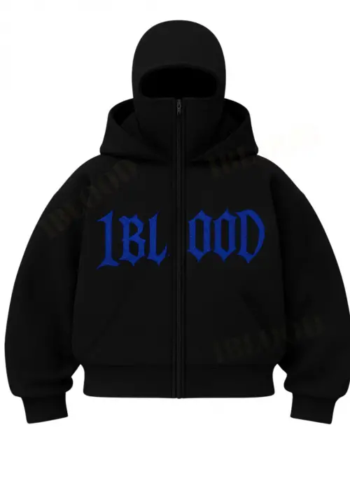 Siyah 1BLOOD Taş Baskılı Kar Maskeli Unisex Sweatshirt Hırka