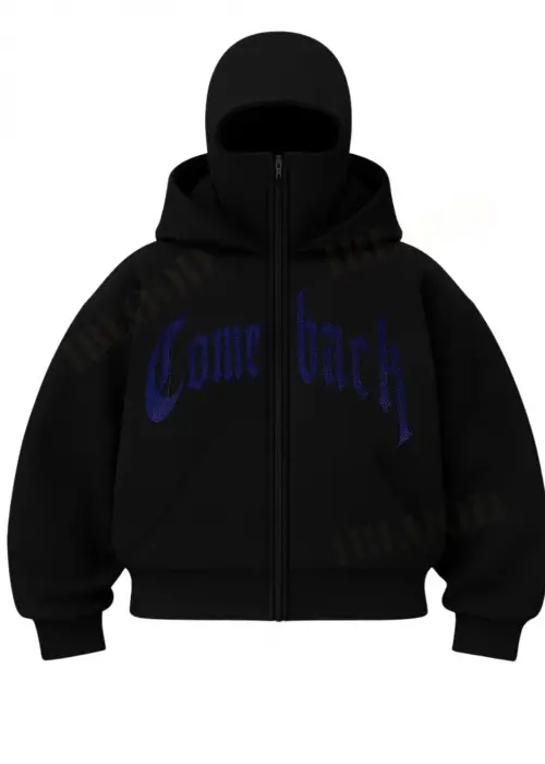 Siyah COMEBACK MAVİ Taş Baskılı Kar Maskeli Unisex Sweatshirt Hırka