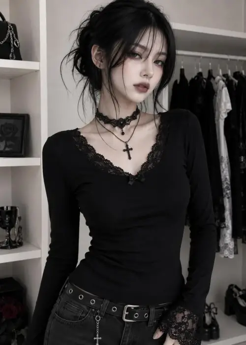 Siyah gothic dantel yakalı tam boy bluz