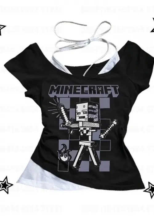 Siyah Gothic MıneCraft Yaka Ek Askılı Kısa Kollu Full Body Crop