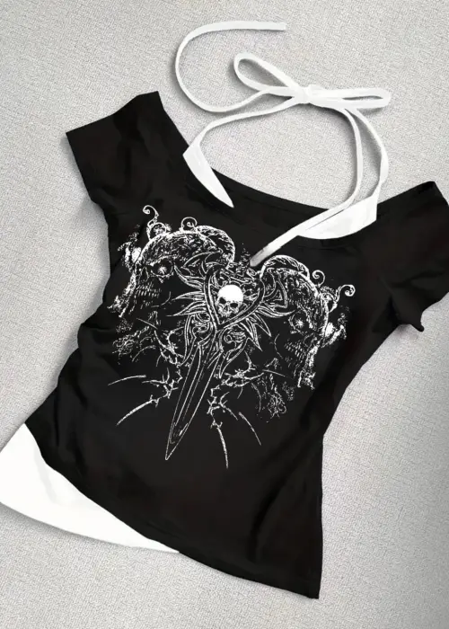Siyah Gothic Skeleton Yaka Ek Askılı Kısa Kollu Full Body Crop
