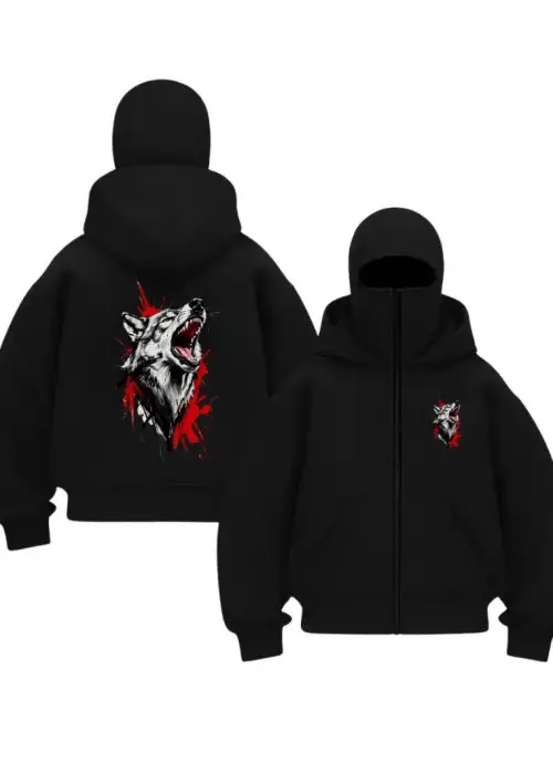 Siyah Howling Wolf Baskılı Kar Maskeli Unisex Sweatshirt Hırka