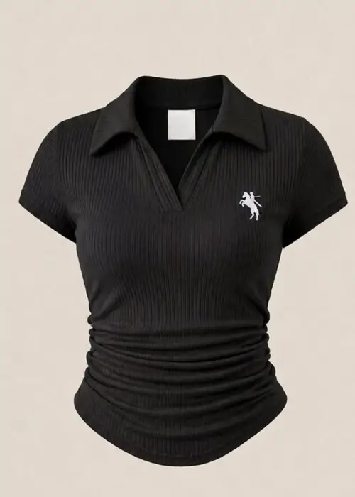 Siyah Polo Yaka Fitilli Likralı Bluz