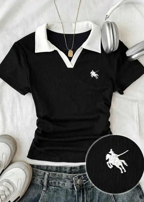 Siyah Solo Polo Yaka Beyaz Yakalı Bluz