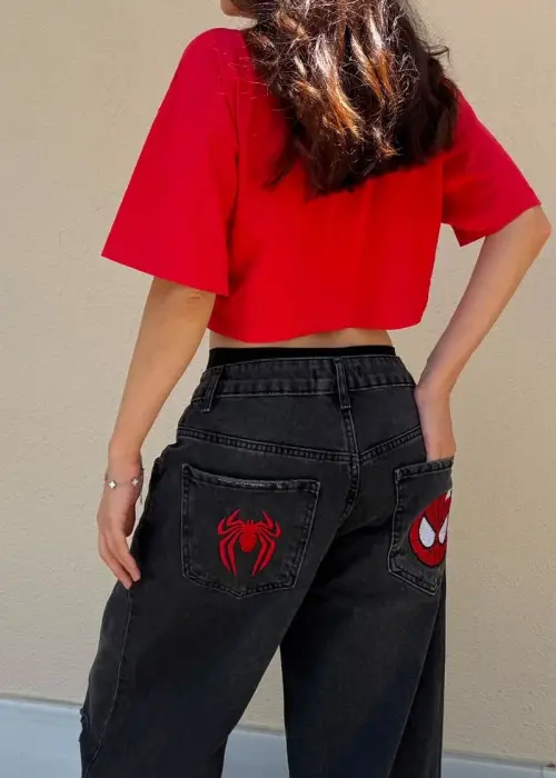 Siyah Spider Man Nakışlı Y2K Unisex Baggy Pantolon