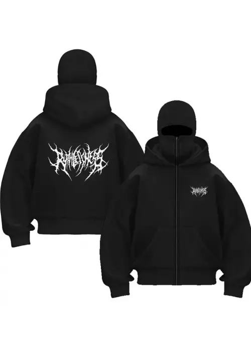 Siyah Unisex Oversize Tam Fermuarlı Maskeli Gotik Kapüşonlu Hoodie Sweatshirt