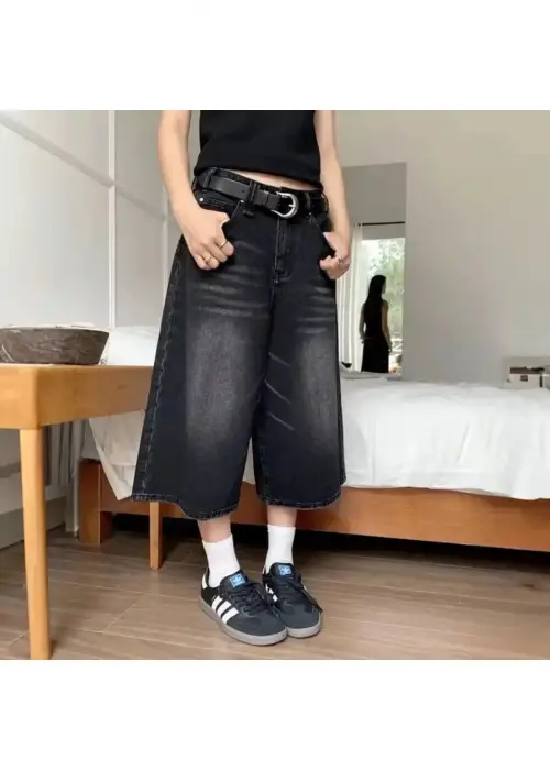 SİYAH YIKAMALI UNİSEX BAGGY OVERSİZE KALIP KOT PANTOLON ŞORT