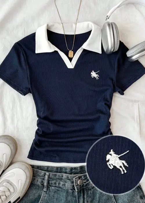 Solo Polo Yaka Lacivert Beyaz Yakalı Bluz