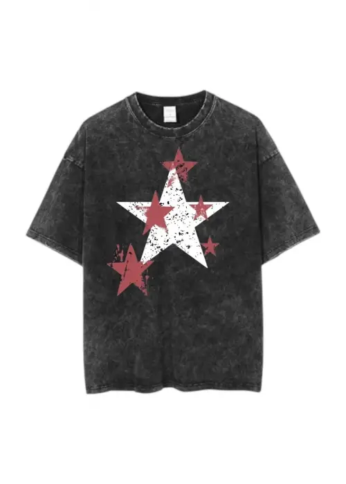 Star Baskılı Yıkamalı Eskitme Unisex Tişört