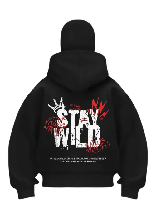 Stay Wild Baskılı Siyah Samuray Kar Maske Sweatshirt Hırka