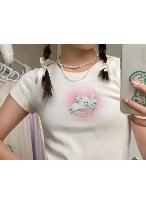Tavşan Baskılı Rabbits Heart Baskılı Beyaz Crop