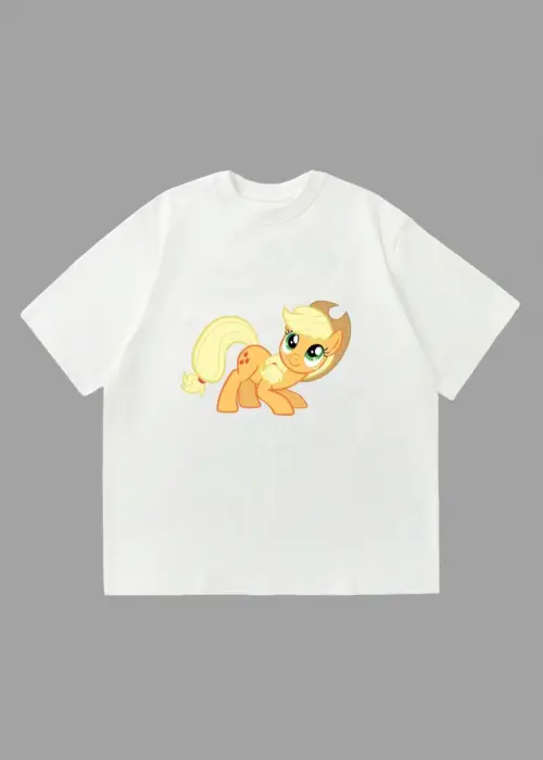 Unisex Applejack My Little Pony Baskılı Oversize Beyaz Tişört