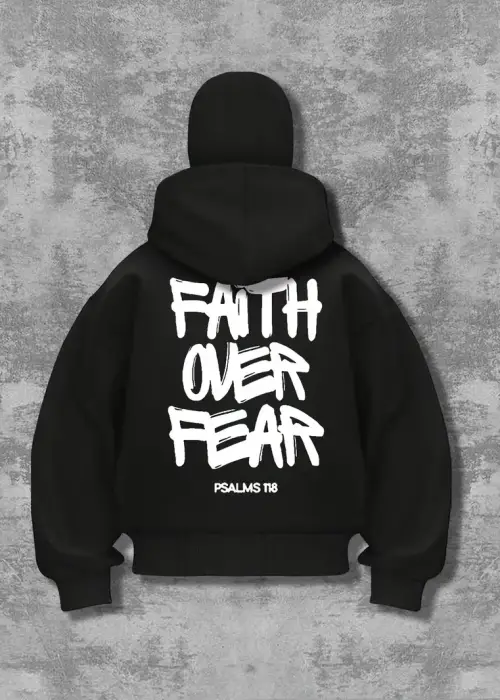 Unisex Oversize Siyah Fait Over Fear Baskılı Maskeli Hoodie