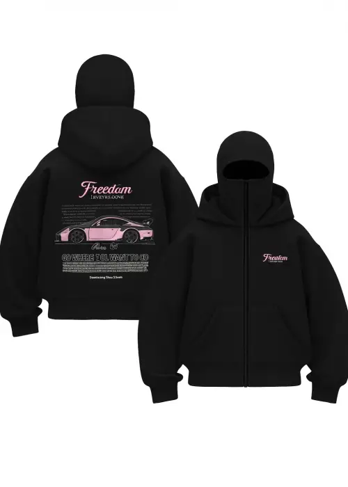 Unisex Oversize Siyah Freedom Araba Baskılı Maskeli Hoodie