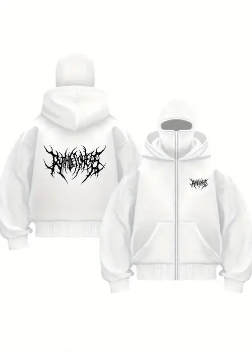 Beyaz Unisex Oversize Tam Fermuarlı Maskeli Gotik Kapüşonlu Hoodie Sweatshirt