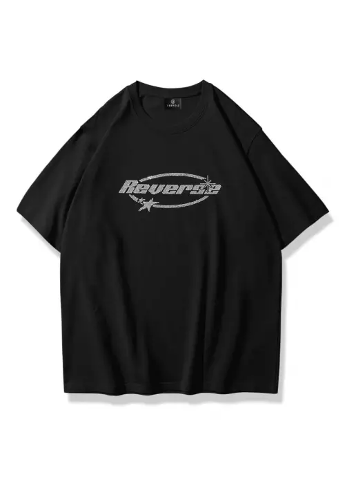 Reverse Taş Baskılı Tshirt Siyah