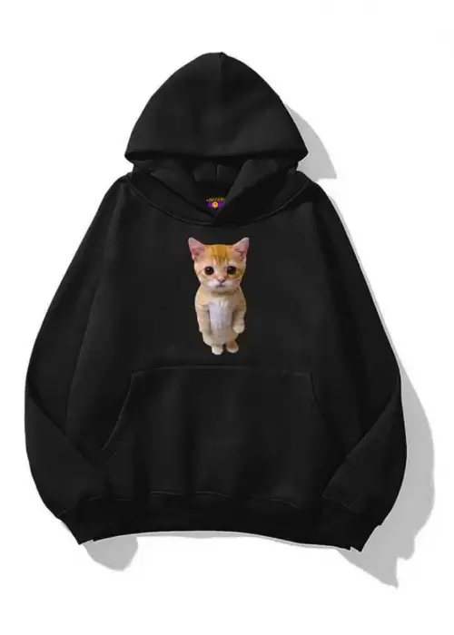 Unisex Sad Cat Sweatshirt Siyah