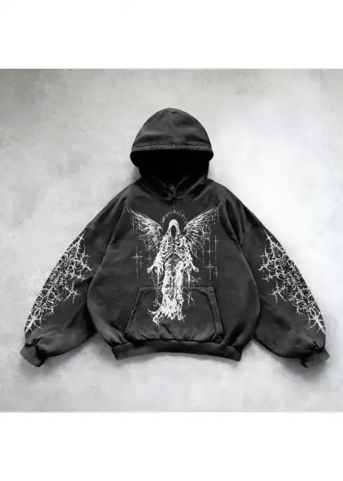 Yıkamalı Devil Winged Gothic Kapüşonlu Sweatshirt