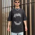 Taşlama Baskılı Siyah Oversize T-shirt