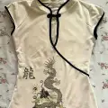 Ekru Mandarin Yaka Ejderha Motifli Vintage Kısa Kollu Crop