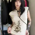 Ekru Mandarin Yaka Ejderha Motifli Vintage Kısa Kollu Crop