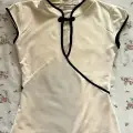 Ekru Mandarin Yaka Vintage Kısa Kollu Crop