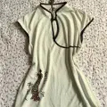 Ekru Mandarin Yaka Vintage Geisha Baskılı Y2K Kısa Kollu Crop