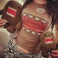Kahverengi Domo Kun Y2K Kısa Kollu Crop