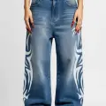 Tribal Detaylı Blue Unisex Baggy Jean
