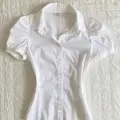 Beyaz Vintage Mini Puff Sleeve Goth Y2K Kısa Kollu Gömlek