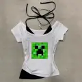 Beyaz Gothic Creeper Yaka Ek Askılı Kısa Kollu Full Body Crop