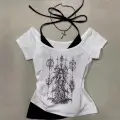 Beyaz Gotik Wizard Angel Beyaz Ekli Y2K Kısa Kollu Crop