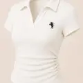 Beyaz Simli Polo Yaka Büzgülü Bluz