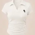 Beyaz Simli Polo Yaka Büzgülü Bluz