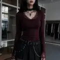 Bordo Dantel yakalı Gothic Tam boy bluz