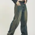 Eskitme Şerit Detaylı Mavi Baggy jean
