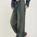 Eskitme Şerit Detaylı Mavi Baggy jean