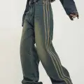 Eskitme Şerit Detaylı Mavi Baggy jean