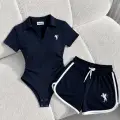 Lacivert Fit Polo Yaka Bodysuit Şort Takım