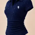 Lacivert Simli Polo Yaka Büzgülü Bluz