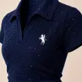 Lacivert Simli Polo Yaka Büzgülü Bluz