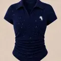 Lacivert Simli Polo Yaka Büzgülü Bluz