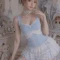 Mavi Dantel Detaylı Fiyonklu Vintage Y2K Askılı Crop