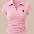 Pembe Simli Polo Yaka Büzgülü Bluz
