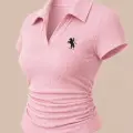 Pembe Simli Polo Yaka Büzgülü Bluz