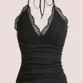 Siyah Dantelli V Yaka Gothic Boyun Bağlamalı Full Body Crop