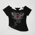 Siyah Gothic Red Love Yaka Ek Askılı Kısa Kollu Full Body Crop